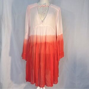 Charlie Paige Dress Hobo Peach Umbre Peasant Long Ruffle Sleeves Deep V Neck M 👍